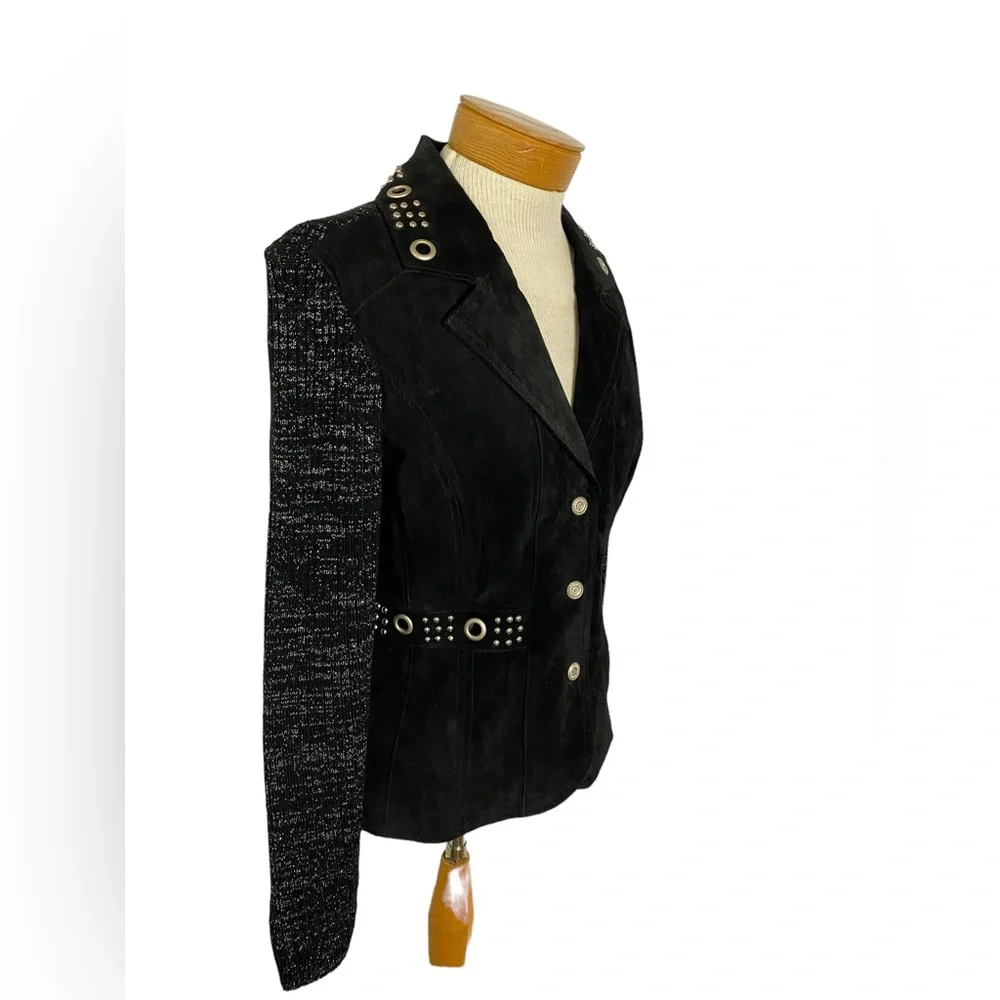 AMI Suede Leather Sweater Biker Jacket Blazer Black Silver Accents Med._6